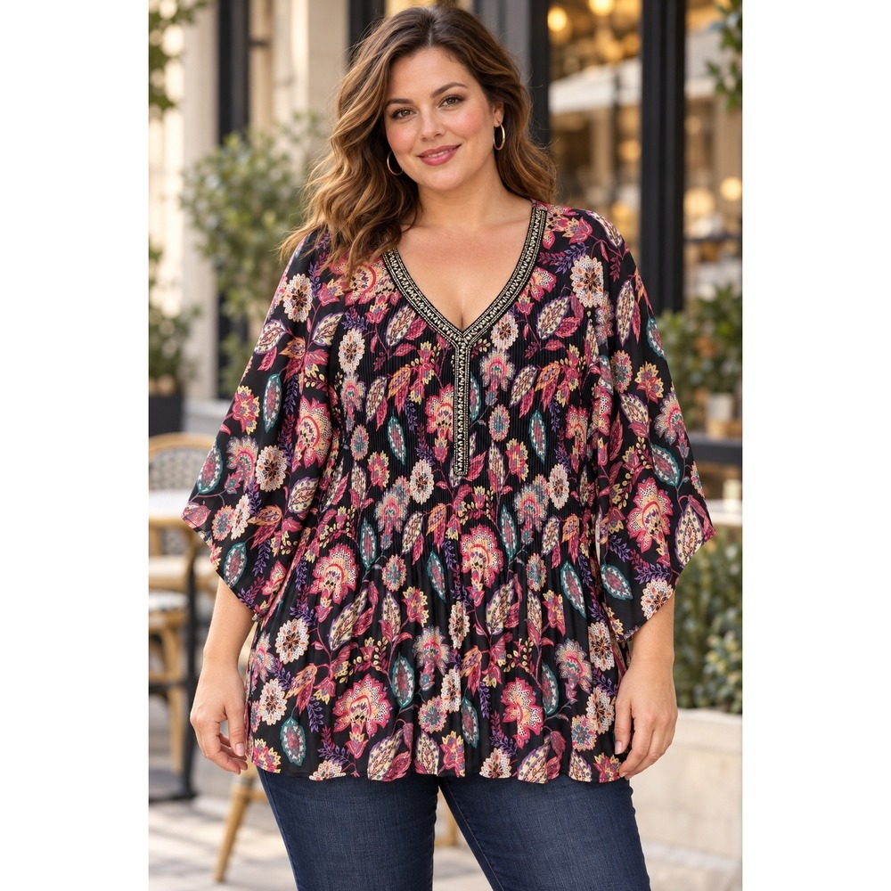 Catherines 2X Paisley Floral Pleated Beaded V Neck 3/4 Sleeve Tunic Top Blouse